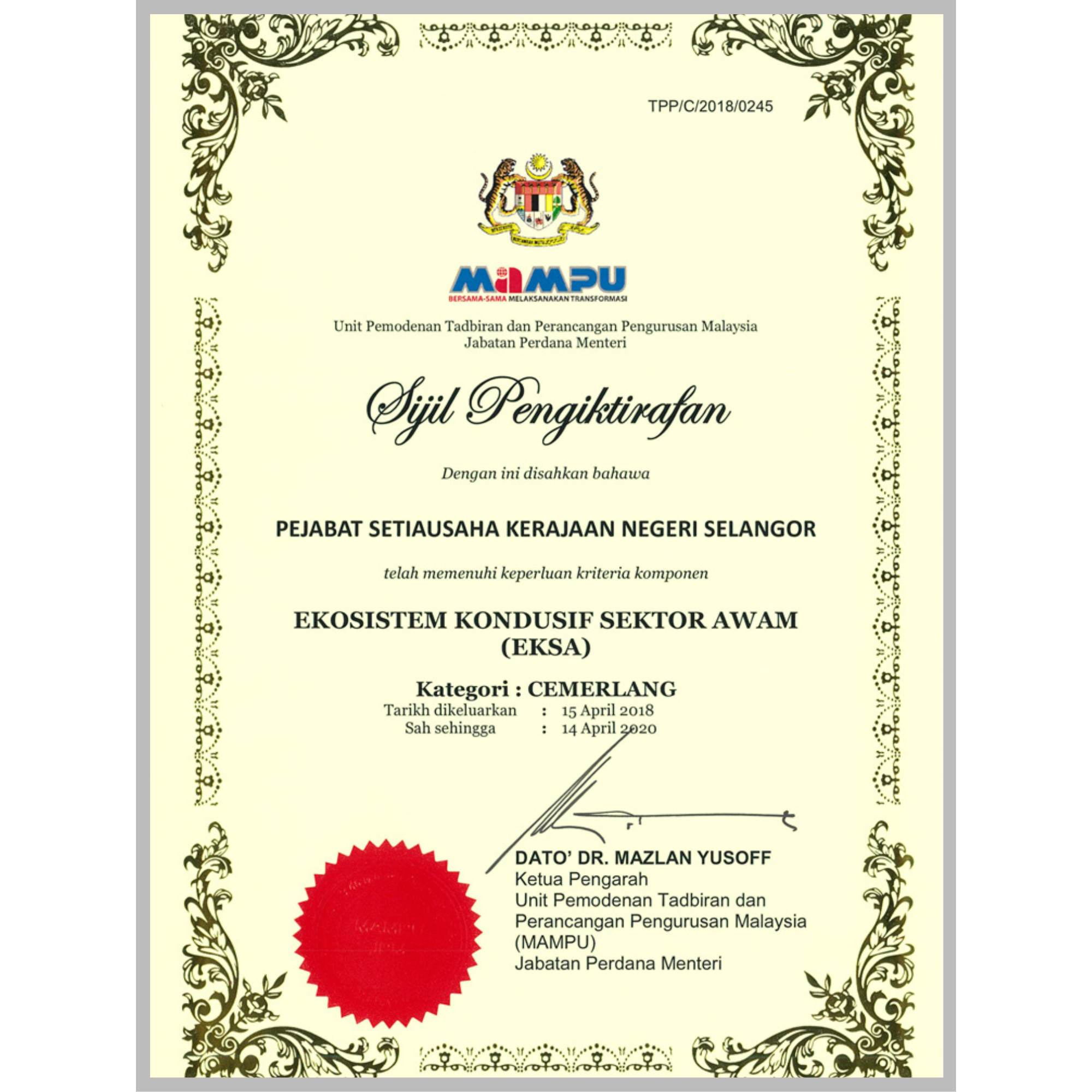Sijil EKSA Pejabat SUK Selangor